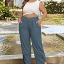 AOVDE Womens Plus Size Palazzo Pants Baggy Wide Leg Pants Elastic Crossover Waist Pleated Front Trousers with Pockets (Blue)