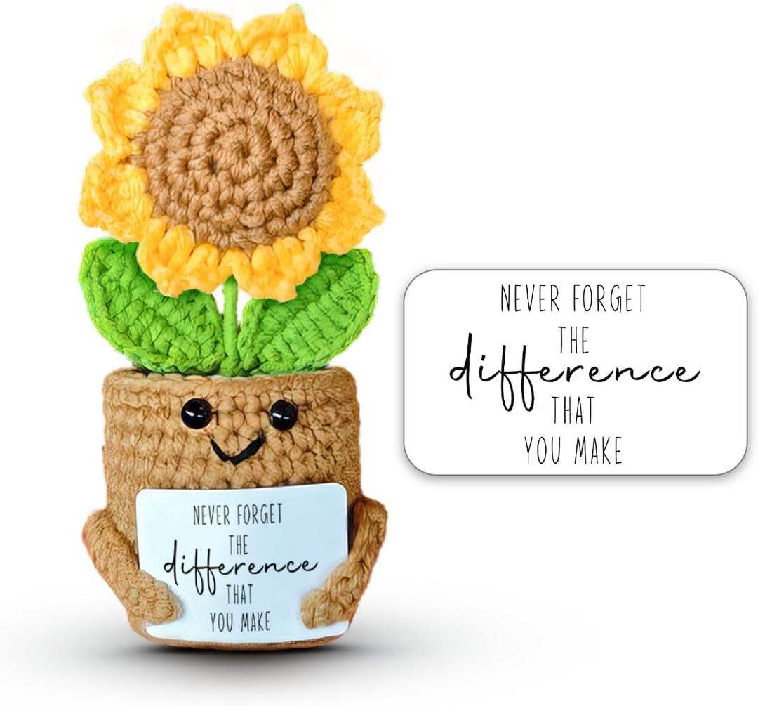 2 x Mini Sunflower Crochet Gift for Coworker Teacher Friend Boss, Going Away Retirement Goodbye Leaving Farewell Gifts for Women, Handmade Positive Plant with Card, Never Forget the Difference