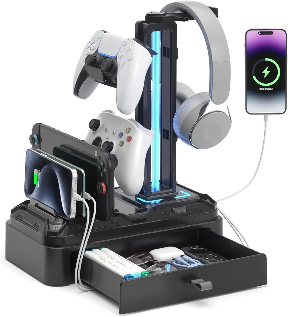 KDD Headphone Stand with USB A&C Charger Ports - RGB Controller Stand with Detachable Hooks - Rotatable Headset Hanger & Device Slot for Phones/Tablets - Drawer Storage Base for Gaming Desk Organizer