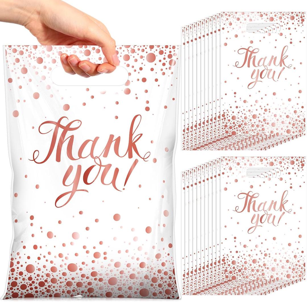 Pajean 100 Pcs Thank You Bags Bulk Small Thank You Plastic Gift Bags with Handle Dots Goodie Treat Shopping Wrap for Birthday Party Favors Business Wedding Baby Shower, 6.7" x 9.8"(White Rose Gold)