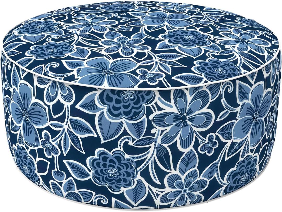 LVTXIII Indoor/Outdoor Inflatable Ottoman, D31 x H14 Inch Large Round Ottoman, All Weather Foot Rest Stool, Portable Footrest for Patio, Garden, Camping and Home - Flower Navy