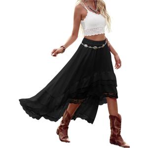 Verdusa Women's Western Boho Lace Ruffle Skirt Asymmetrical Country Cowgirl Skirts (Medium, Black)