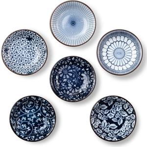 Dipping Bowls, Soy Sauce Dish Ceramic, 3 OZ Small Serving Bowls for Side Dishes Vintage Blue Stylish Design, Set of 6 Mini Appetizer Plates for Condiment Sushi Ketchup BBQ Party, 4 Inch (Multicolor)