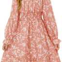 Haloumoning Girls Fall Long Sleeve Floral Dresses Kids Square Neck Smocked Holiday Party Dress 5-14 Years (Coral Red)