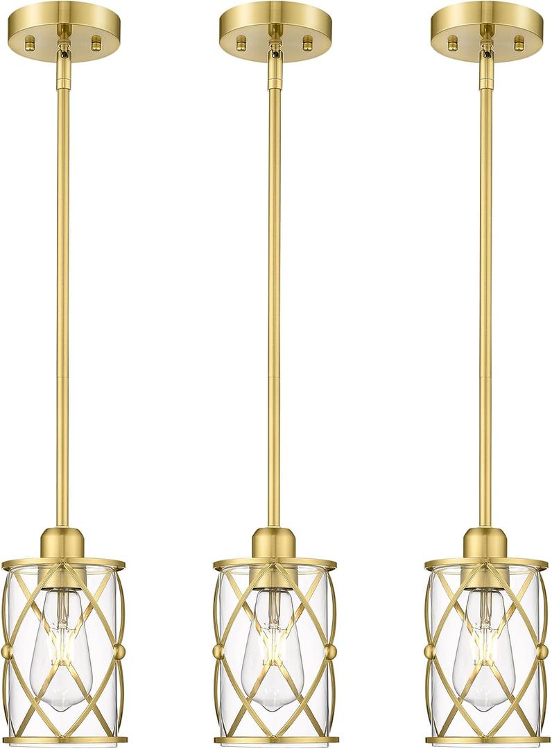 Brushed Gold Pendant Lights Kitchen Island 3 Pack, Glass Kitchen Pendant Lighting Over Island with Rod, Modern Mini Hanging Light for Kitchen Sink Dining Room, CH9176BG-3PK