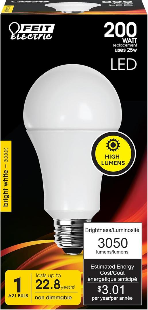Feit Electric A21 LED Light Bulb, 200W Equivalent, Non-Dimmable, 3050 Lumens, E26 Standard Base, 3000k Bright White, High Output LED Bulb, Damp Rated, 22 Year Lifetime, OM200/830/LED