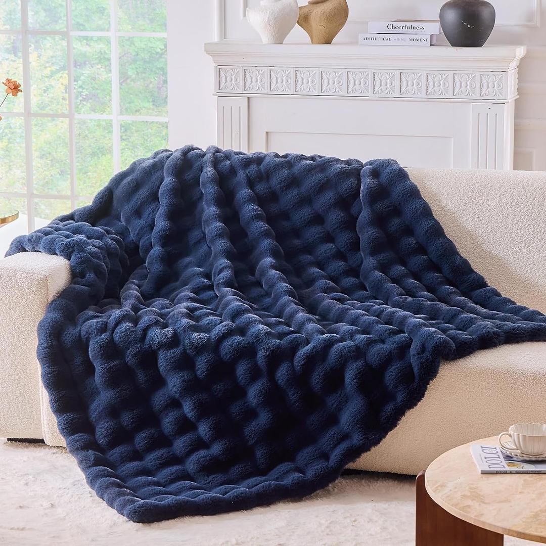 BENVWE Fluffy Faux Fur Throw Blanket for Couch, Soft Plush Thick Cozy Fuzzy Luxury Minky Bubble Blanket for Home Living Room Decor Gift for Women, Navy Blue, 63" x 80", 1100GSM, Twin