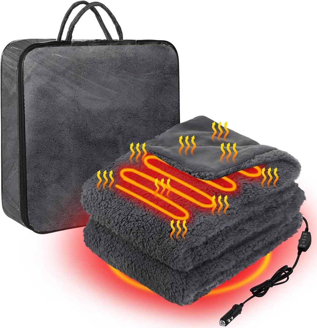Riakrum 12V Heated Car Blanket for Extreme Cold, 58" x 43" High Power Electric Grey Blanket with 3 Heat Levels, Adjustable Temperature, Portable Truck SUV Rv Winter Travel, Cigarette Lighter Powered