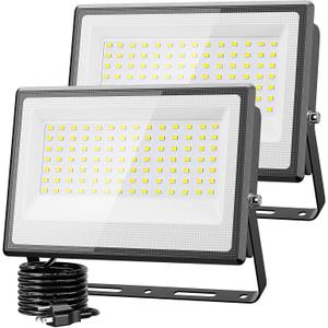 Olafus 2 Pack 130W LED Flood Light Outdoor, 13000lm LED Work Light with Plug, IP66 Waterproof Exterior Security Lights, 6500K Daylight White Outside Floodlights for Playground Yard Stadium Lawn