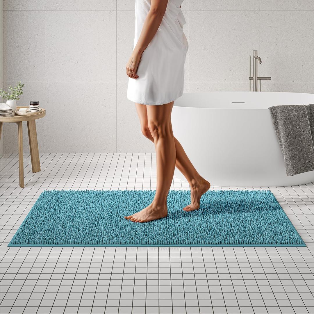 MAYSHINE Plush Shaggy Chenille Bath Mat | Extra Soft, Super Absorbent, Non-Slip Bathroom Rug | Fluffy Microfiber, Area Rug Sets for Bathroom Floor, Kitchen, Living Room | 59"x31" | Maui Blue