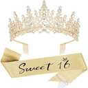 Casoty 16th Birthday Sash and Tiara for Girls, 16th Birthday Decorations Gifts for Girls, Gold Crown and Sweet 16" Sash Set with Pearl Pin