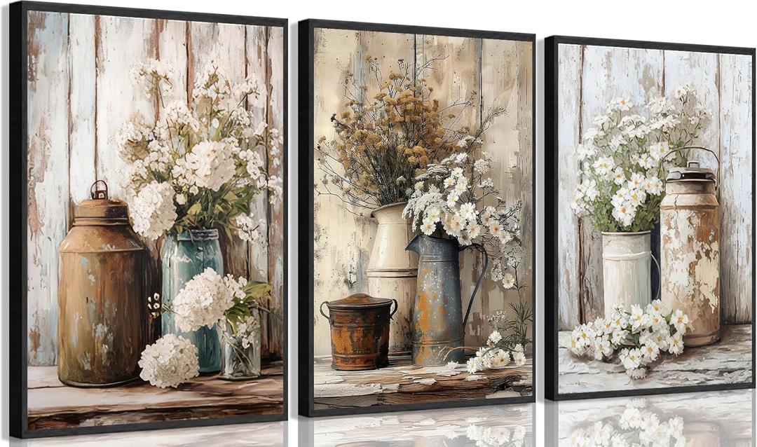 Vintage Rustic Farmhouse Wall Art Vintage Country Floral Still Life Wall Decor White Daisy Paintings Pictures Wildflower Prints for Kitchen Bathroom Living room Decoration 16x24in Poster