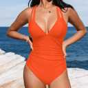 CUPSHE Women's One Piece Swimsuit Tummy Control Deep V Neck Double Straps Crisscross Back Tie Bathing Suit (Orange, L)