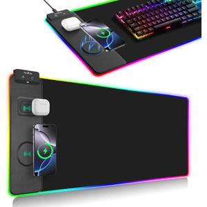 ExtreLife Wireless Charging Mouse Pad, RGB Gaming Mousepad, 31.5"x11.8" Extra Large Desk Mat, 13 Light Modes, Ultra-Smooth Surface, Non-Slip Base, Waterproof Computer Keyboard Pad for Laptop, Black