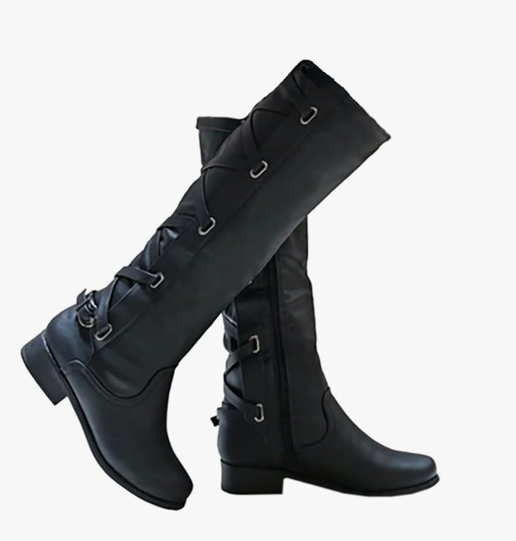 Syktkmx Womens Strappy Motorcycle Knee High Boots Winter Lace Up Riding Flat Low Heel Shoes 9