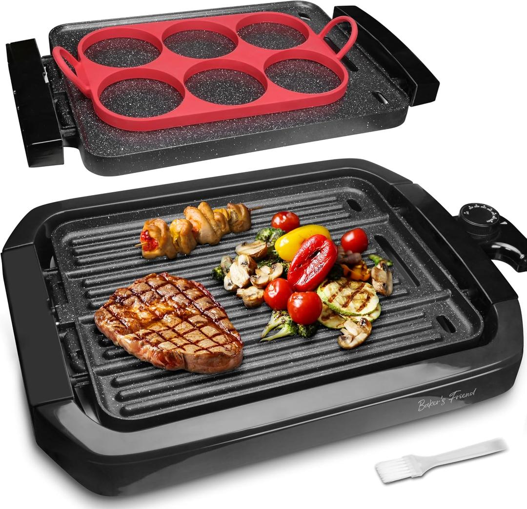Bakers Friend Indoor Griddle & Grill, Electric Griddle with 2 in 1 Indoor Grill and Griddle Plate Indoor Grill with Removable Plate, Silicone Mold, Dishwasher Safe, Recipes Include, Graphite