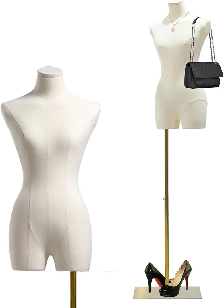 Female Mannequin Dress Form Torso, 47"-83" Height Adjustable Display Mannequin Body with Metal Stand, Retro Manikin for Sewing Clothing Jewelry Market Shop (White, A)