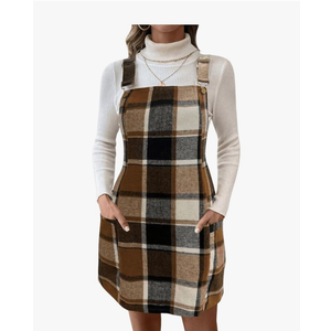 Women's Plaid Sleeveless Overall Dress Flannel Pinafore Short Dresses L