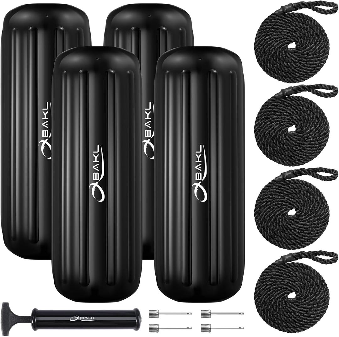 Boat Fenders 4 Pack 10 x 28 Inches Ribbed Center Hole Boat Fenders Bumpers for Docking, Comes with Ropes and Pump to Inflate