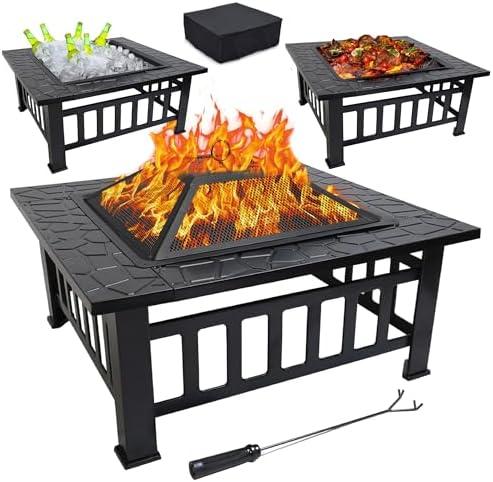 GasOne 32-inch Metal Fire Pit - Modern Outdoor Fireplace with Screen - Perfect for Camping, Heating, Bonfires & Picnics