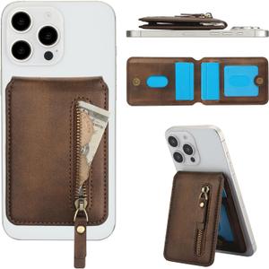 HAII for MagSafe Card Wallet Bag compatible with MagSafe Invisible Ultra-Thin Lightweight Kickstand Magnetic Mobile Wallet Man Woman, 4 Card Slots + 1 Zipper Cash Bag. (Brown, Zipper)