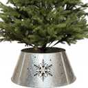 15.5" Galvanized Christmas Tree Collar, Snowflake Diecut Metal Christmas Tree Collars for Artificial Trees, Beautiful Tree Collar for Pencil Tree Decorates Your Home for The Holidays