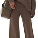 AOHITE Womens 2 Piece Outfit Sets Knit Pullover Sweater Top and Wide Leg Pants Lounge Sweatsuit Tracksuit (Small, Ivory)