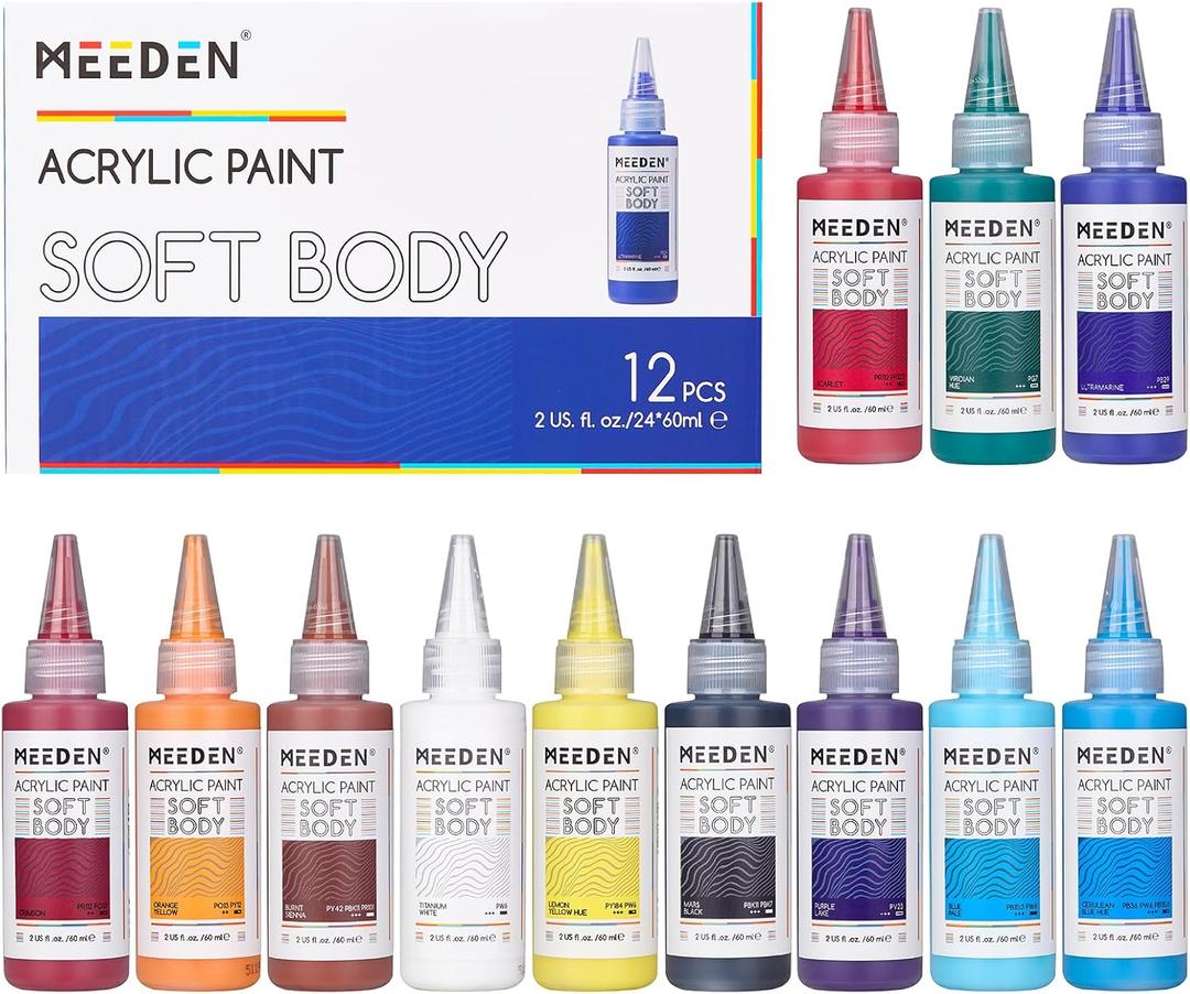 MEEDEN Soft Body Acrylic Paints Set: Matte Finish 12 Colors x 60ml/2oz Fluid Acrylic Paints for Art Painting on Canvas Wood & Glass for Beginner Students Adults Artists