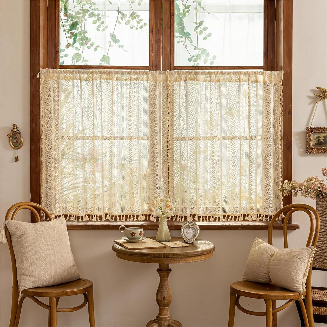 Sutuo Home Beige Boho Lace Short Kitchen Curtains 36 inches Long for Cafe Laundry Room, Semi Sheer Window Curtains Farmhouse Crochet Vintage Tassels Rustic Valance Rod Pocket Decor, 2 Panels 50" W