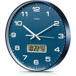 Wall Clock, 14" Large Dial Non-Ticking Silent Battery Operated Analog with LCD Display for Perpetual Calendar and F Temperature, Ideal Modern Home, Bedroom, Kitchen, Office Decor (Blue)