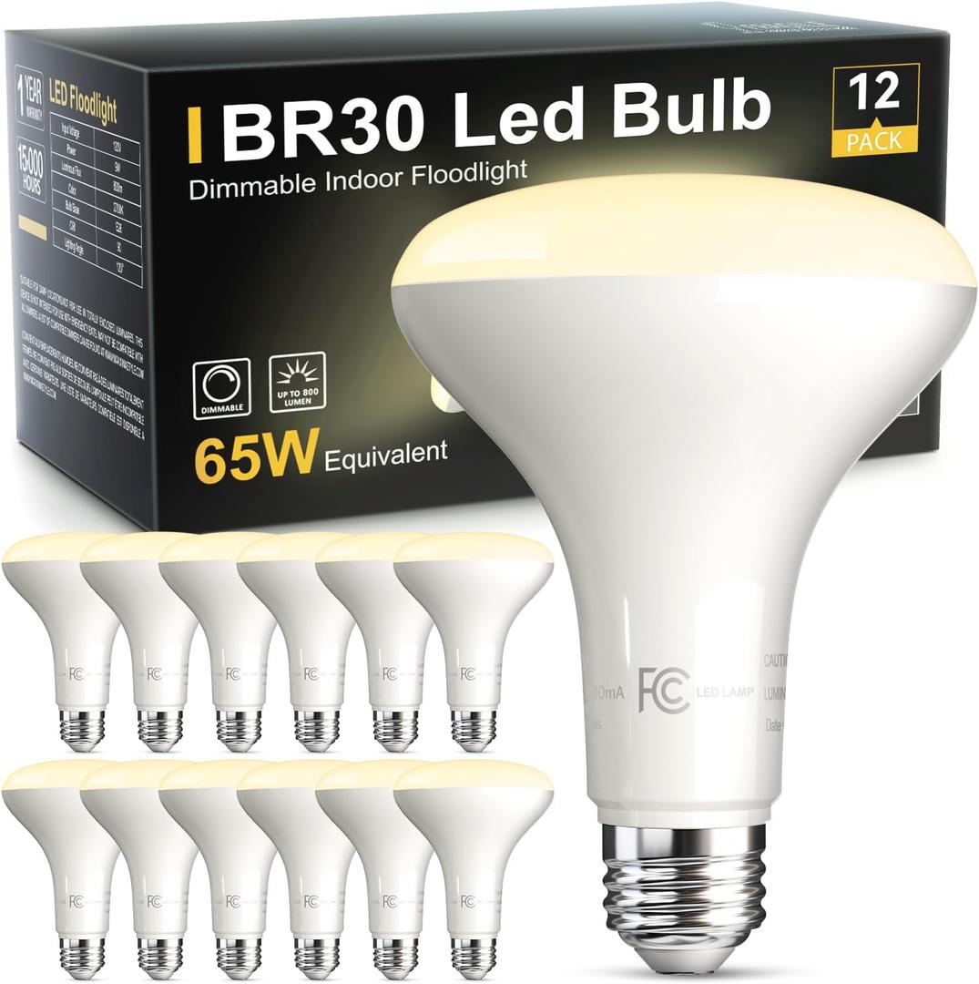 TJOY 12 Pack BR30 Led Bulb 65W Equivalent, Dimmable Flood Light Bulbs Indoor, E26 Base, 3000K Warm White, 9W, 800 LM, Recessed Lighting Bulbs for Ceiling, Recessed Can, Living Room and Kitchen