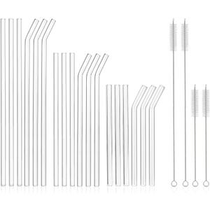 [22 Pcs] Reusable Glass Straws Shatter Resistant - Size 12"x8mm,9"x8mm,6"x8mm Including 9 Straight and 9 Bent Clear Glass Straws with 4 Cleaning Brush for 20 30 40 oz Tumblers,Cocktail,Coffee,Juice