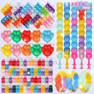 112pcs Mini Pop Fidget Toys Pack Party Favors, Silicone Cat Squeeze Pop and Pop Bracelet it Bubble Fidget Bulk Sensory Toys, Party Bag Fillers for Kids