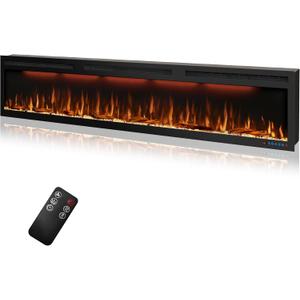 88 inches Electric Fireplace, Recessed and Wall Mounted Fireplace Heater and Linear Fireplace Inserts, with Timer, Remote Control, Adjustable Flame & Light Colors, 750W/1500W, Black