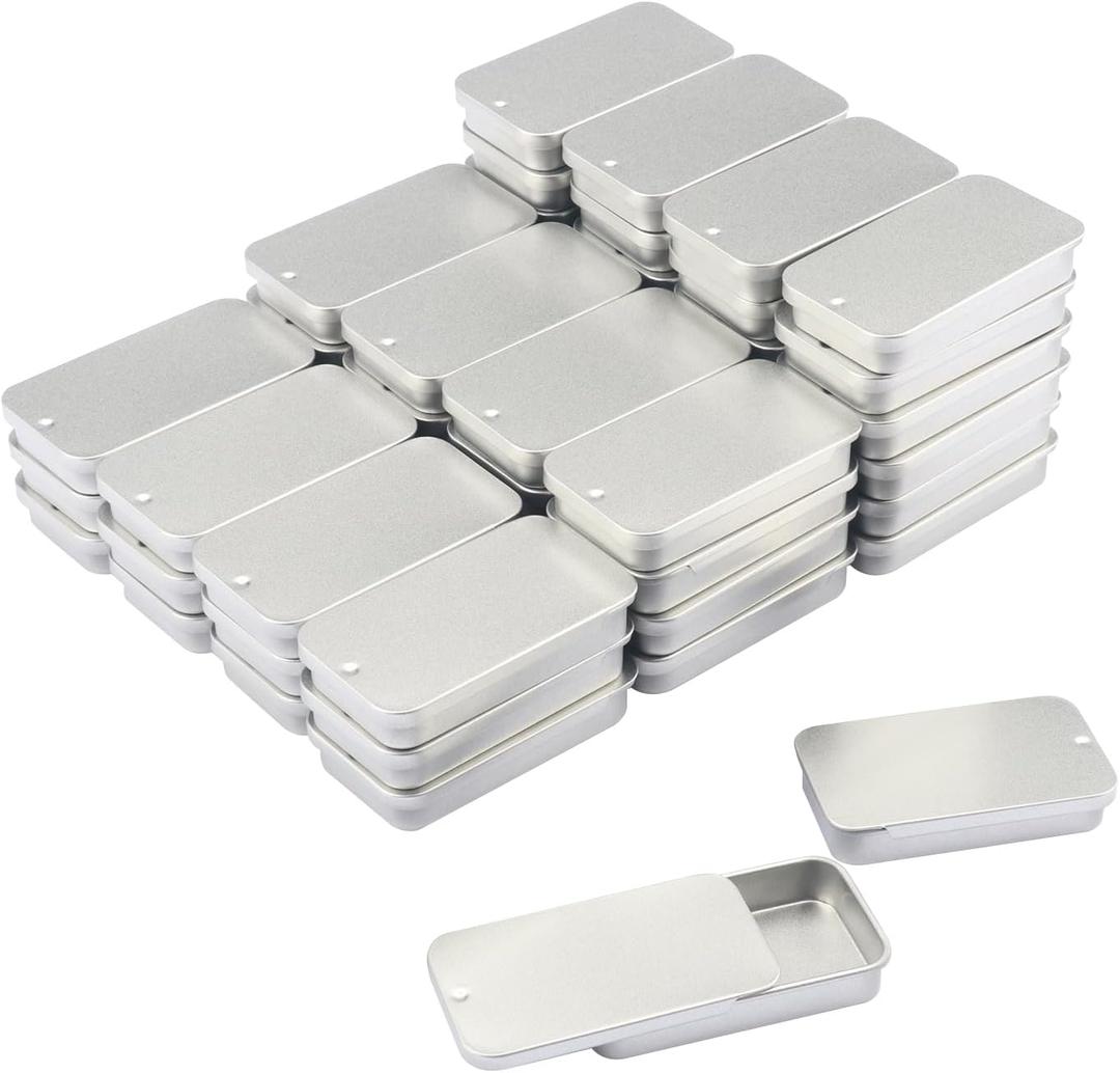 Biugaaufai 60 Pack Silver Mini Rectangular Metal Tins Boxes with Sliding lids, Small Empty Slide Top Metal Tin, Lip Balm Slide Tins with Lid for Crafts, Jewelry, Candies (2.36 x 1.34 x 0.43 Inch)