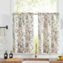 jinchan Floral Linen Tier Curtains 36 Inch Farmhouse Botanic Cafe Drapes for Small Windows Rustic Half Window Curtains for Kitchen Living Room Bathroom Laundry 2 Panels Black on Beige, Floral Black on Beige, 26"W x 36"L (Pack of 2)