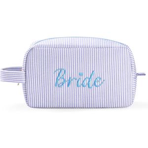 Etercycle Bride Makeup Bag, Blue Striped Cosmetic Bag Embroidery Bridal Shower Gifts, Large Travel Make Up Bags with Inside Pockets Toiletry Bag for Women Wedding Engagement Bachelorette Party