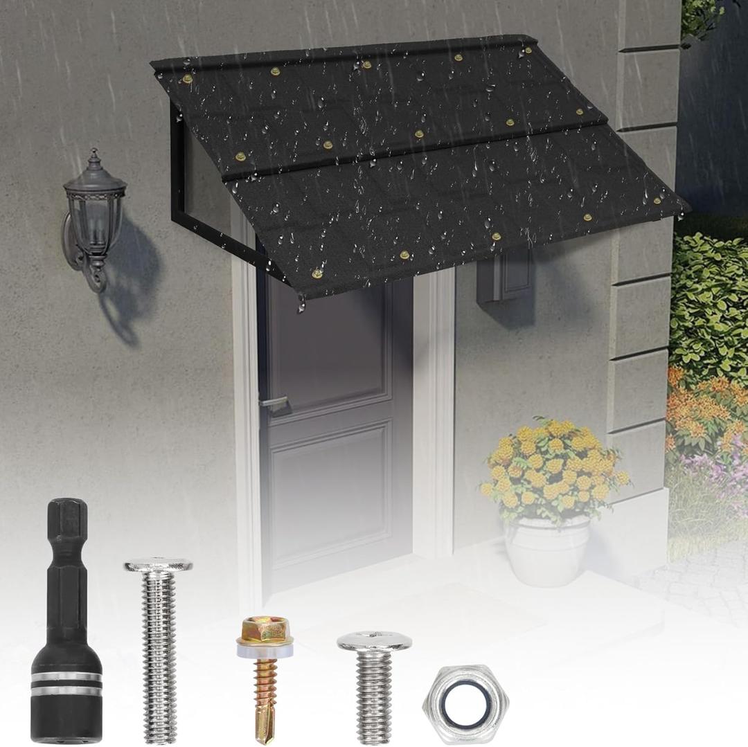 Fixed Metal Awnings 52in W x 31in H, Heavy-Duty Triangle Steel Frame with Tile-Design Metal Awning for Doors, Windows, Porches, Balconies (Black)