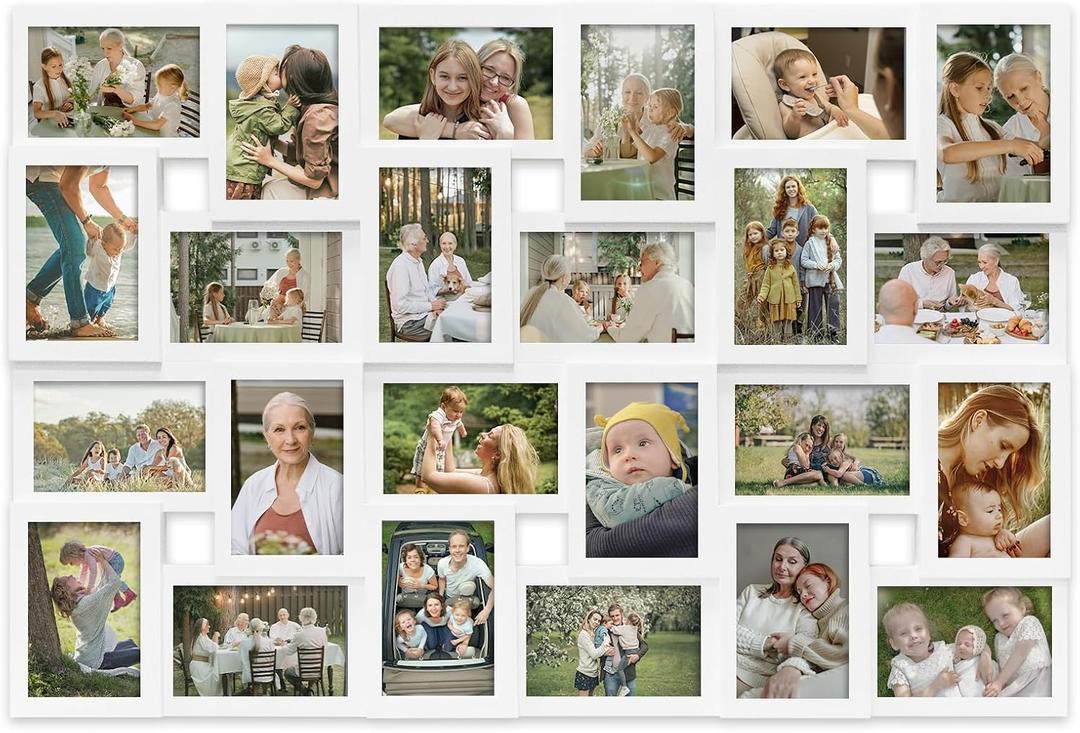 J.M.Deco Collage Picture Frames for Wall 24 Slots, Large Photo Frame Gallery Puzzle Collage Wall Hanging for 4 x 6 Photo, Christmas Gift for Family or Friends - Pure White