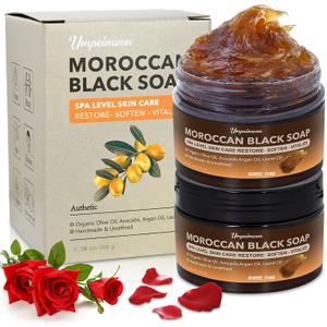2 PCS Moroccan Black Soap with Argan and Rose Oil, SPA Level Handmade Black Beldi Soap Exfoliating and Softening, Natural and Organic for Face, Body, Hair and Shave, Rose Scent, 5.29 oz/150 g