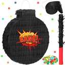 Wettarn Hero Boom Piñata for Birthday Party Large Black Piñata with Blindfold Stick Confetti Hero Theme Party Game Prop for Adults, 13.4 x 11.8 x 3 Inches