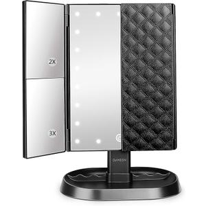 deweisn Trifold Lighted Vanity Makeup Mirror with 21 LEDs Lights,1x/2x/3x Magnification and Touch Screen Dimming,Two Power Supplies Makeup Mirror, Gift for Women (Black)