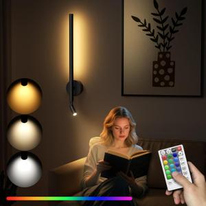 Battery Operated Wall Sconces with Reading Spotlight: RGB Rechargeable LED Wireless Wall Light with Remote Indoor Modern Decor for Living Room Bedroom Bathroom Lighting Black