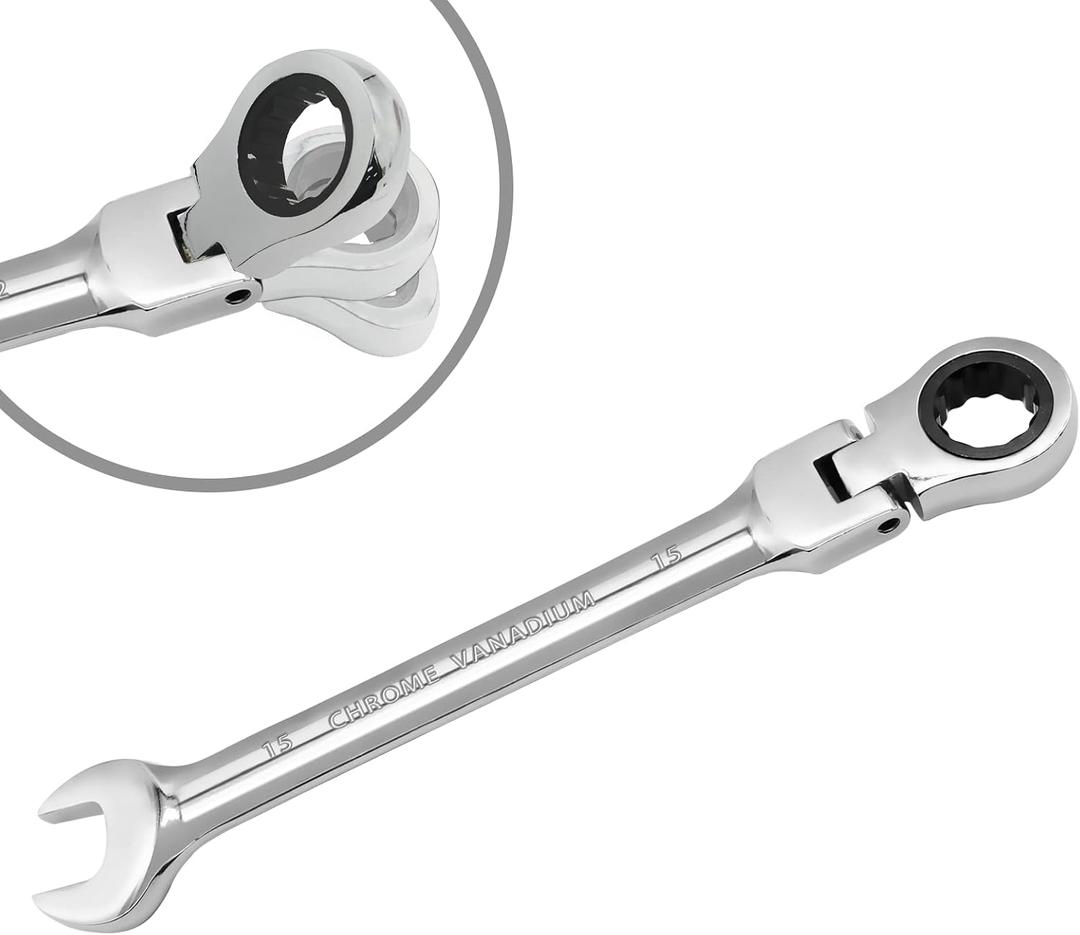 15mm Flex Head Ratchet Wrench, 12 Point Chrome Vanadium Steel Combination Spanner with 72 Tooth Ratcheting Gear, Metric Industrial Grade Tool for Automotive and Mechanical Maintenance