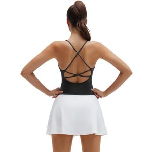 SUUKSESS V Neck Padded Longline Sports Bras Workout Open Back Tank Tops (Small, Black)