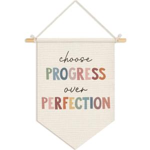 Classroom Wall Decor, Progress Over Perfection Pennant Flag Banner, Inspirational Wall Hanging Decor for Kindergarten Boho Classroom Kids Toddler Playroom, Teacher Gifts 15x11 Inch