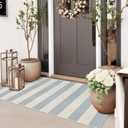 Boho Striped Outdoor Mats for Front Door 2'x4.3',Blue and Cream Washable Rug Runner,Cotton Hand Woven Indoor Outdoor Rugs,Foldable Farmhouse Layered Door Mats for Entryway