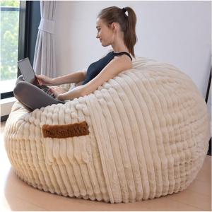Moive Beanbag Duo Round Bean Bag Chair–Comfortable Bean Bags Lounge & Bean Bag Sofa for Adults & Couples, Fabric, Ideal for Living Room or Dorm-Cover-Stripe Fur-Beige