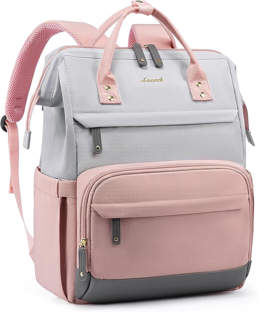 LOVEVOOK Laptop Backpack for Women, 15.6 Inch Work Business Backpacks Purse With Large Capacity, Waterproof Nurse Bag College Bookbag for School, Waterproof Casual Daypack for Travel (Pink-Grey)