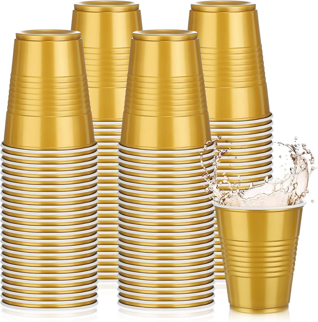 Pickmesh 50 Pack 12 oz Plastic Cups Valentine Disposable Cup Bulk for Valentine's Day Wedding Birthday Baby Shower New Year's Day Halloween and Festive Celebration Party Supplies(Gold)